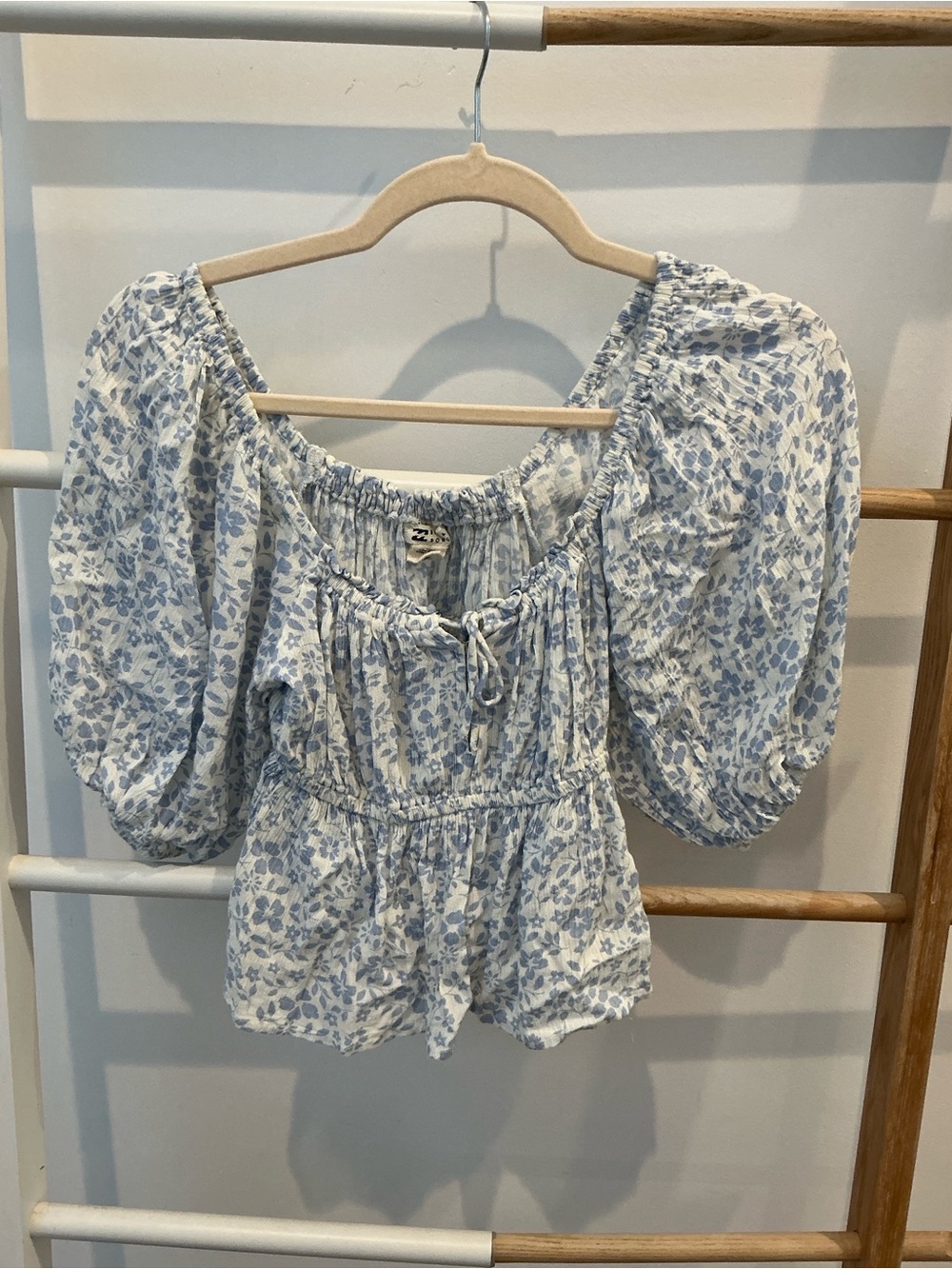 Billabong Light Blue Floral Puff-Sleeve Top